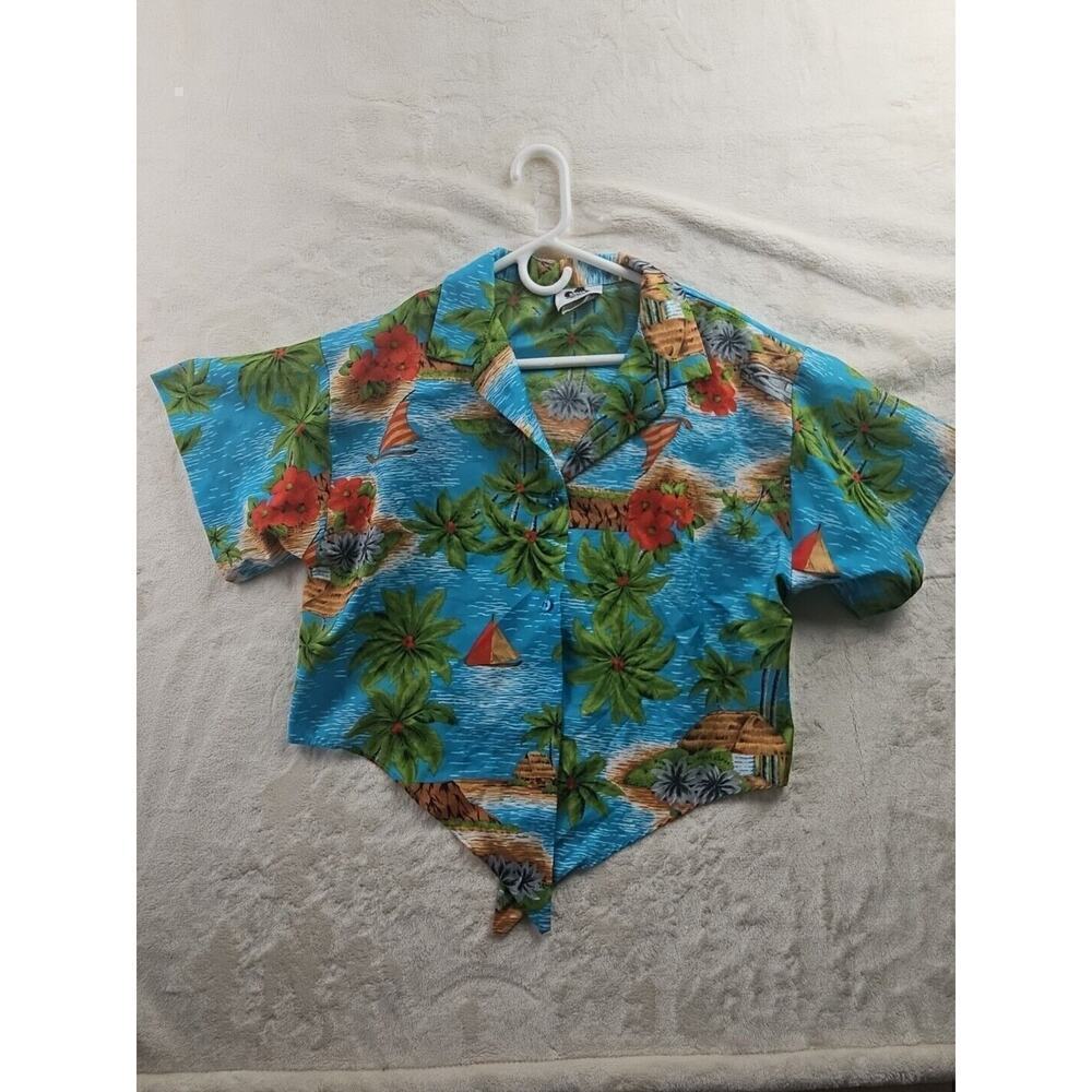 hilo hattie Shirt Womens Large hawaiian shirt large Tie Blue Sailboats USA Made